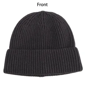 Classic black thick ribbed knit beanie for men and women with wide fold-up cuff design