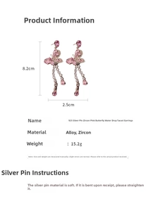 Detailed view of pink zircon butterfly earrings with long water drop tassels and 925 silver pins