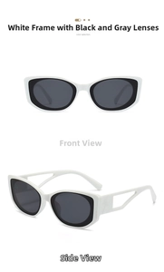 Detail view of oval sunglasses with white frames and hollowed-out geometric temples