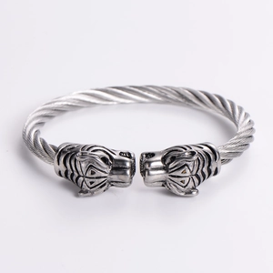 Tiger Heads Bracelet Stainless Steel Cable Wire Twisted Cuff Bangle Vintage Punk Hip Hop Jewelry For Men