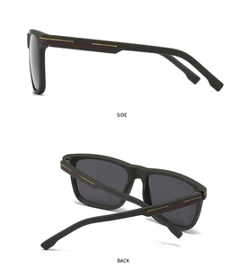 Side and back view of matte black TR sunglasses with three-color stripe temple detail