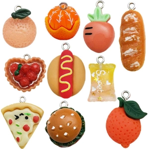 Set of 10 colorful resin food charms featuring bread, burger and fruits with metal hooks