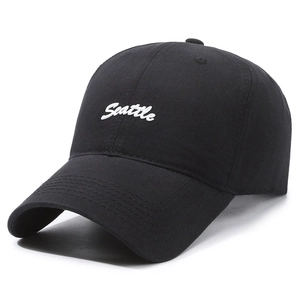 Classic black cotton baseball cap featuring white Seattle script embroidery on front
