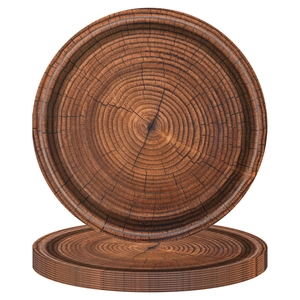 Detail shot of round plates featuring realistic dark brown wood grain and tree ring patterns