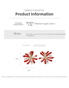 Detailed view of 2cm red enamel flower earrings featuring copper base and zircon stones