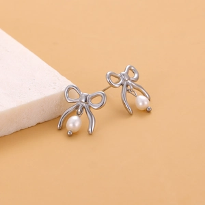Boucles d'oreilles nœud perle naturelle en acier titane plaqué or 14K sur pierre