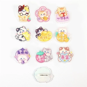 Set of nine cute cartoon acrylic cat pins with inspirational Chinese blessing text