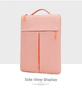 Side view of a slim pink laptop sleeve with orange handles and dual zippers