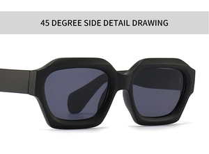 Macro side view of 45-degree angle showing thick geometric black sunglasses frame detail