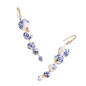 Elegant Chinese blue and white porcelain beaded drop earrings with golden hooks and crystals