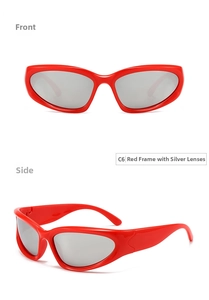 Front and side view of red sporty wrap-around sunglasses with silver mirror lenses