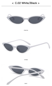 Three-angle views of retro cat-eye sunglasses in white frame and dark lenses