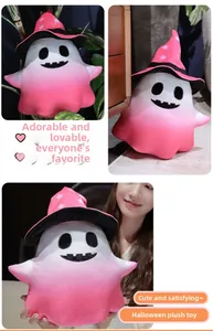 Detail of Halloween ghost cat plush toy with pink wizard hat and soft gradient fur