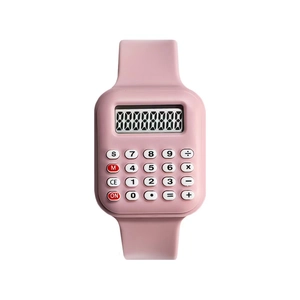 Pink digital calculator watch for kids featuring silicone strap and numeric buttons