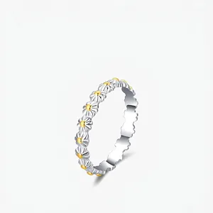 925 Sterling Silver Daisy Flower Ring Sweet Fresh Style Sunflower Band Jewelry For Women Fine Polishing Accessory