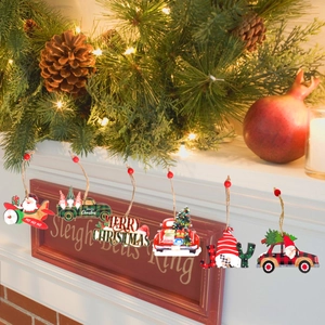 6-piece Christmas wooden ornament set featuring truck and gnome designs on a fireplace