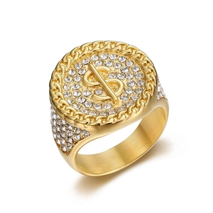 Hip hop gold plated stainless steel ring featuring iced out dollar sign with white stones