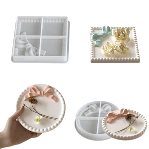 Silicone Mold Bowtie Round Square Tray DIY Resin Casting Plaster Gypsum Dish Beaded Edge Coaster Crafting