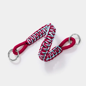 Handmade woven bag strap in burgundy and light blue with silver metal rings