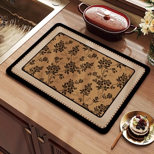 French vintage floral dish drying mat in bronze and beige for kitchen countertops