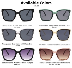 Detailed grid showing square sunglasses in six colorways with metal rivet accents