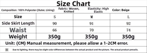 Detailed size chart for beige knitted vest and skirt set with measurement parameters