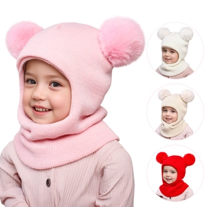Kids Knitted Balaclava Hat With Double Pom Poms Winter Warm Neck Ear Protection Integrated Scarf For Boys Girls