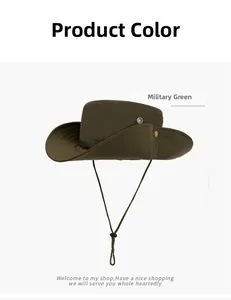 Detail of military green sun hat with wide brim, metal buttons and adjustable wind cord