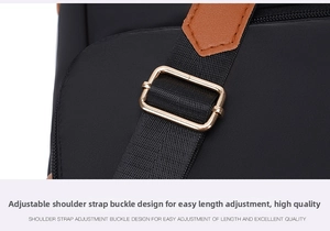 Close-up of adjustable strap with gold metal buckle and leather detail on black backpack