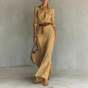 Elegantes Midi-Kleid Für Damen Mit V-Ausschnitt Falten Und Gürtel Lange Ärmel Und Schmale Passform Modische Herbst Party Kleid