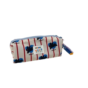 Trousse en coton à rayures rouges avec motifs lapins mignons et fermeture éclair bleue