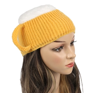 Funny 3D beer mug knitted hat featuring yellow body and white foam for winter