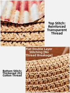 Detail of double-layer sewing process on straw sun hat with transparent stiff thread