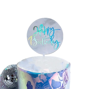 Iridescent laser acrylic Happy Birthday cake topper with disco ball party decoration
