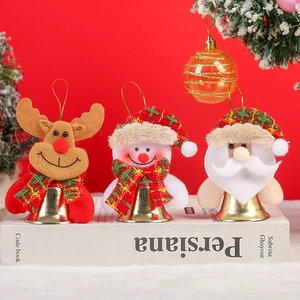 Plush Santa, Snowman and Reindeer Christmas tree ornaments with metal bells on festive books