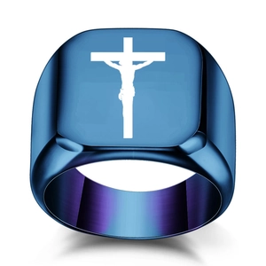 Blue and purple gradient stainless steel signet ring with engraved cross symbol