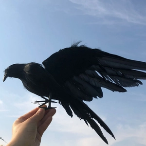 Modèle de corbeau noir réaliste avec ailes déployées devant un ciel bleu clair