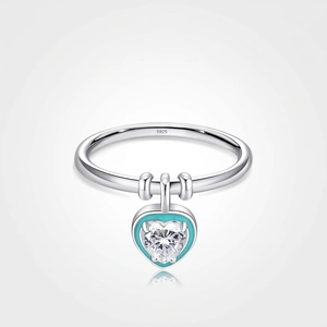 Heart Dangle Pendant Ring 925 Sterling Silver Mint Green Enamel Clear Zircon Sweet Jewelry For Women