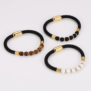 Braided leather bracelet with 8mm tiger eye stone beads and gold magnetic clasp for men