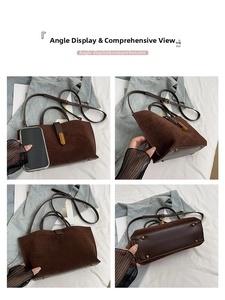 Detailed views of brown frosted faux suede tote bag showing hardware and base studs