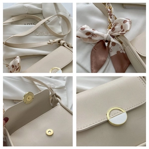 Detail shots of off-white crossbody bag featuring silk scarf handle and magnetic snap closure