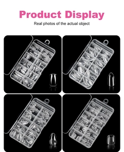 Detailed view of four different shapes of transparent nail tips in organizer boxes