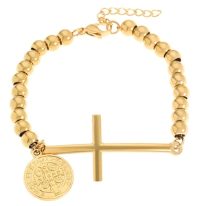Bracelet à billes en acier doré avec breloque croix et médaille Saint-Benoît