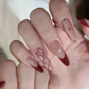 French style wine red cat-eye press-on nails with elegant dot and lattice patterns