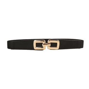 Women's black elastic waist belt with a stylish rectangular gold metal buckle closure