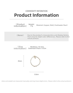 Detailed size specifications for 14K gold plated necklace with shell and pearls
