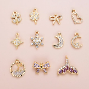 DIY Jewelry Charms Gold Plated Copper Zircon Inlaid Bow Heart Clover Star Moon Whale Tail Shapes For Bracelet Crafting