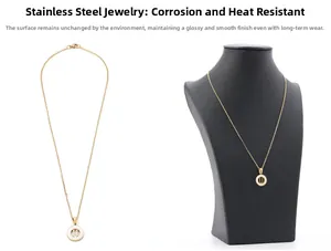 Detail showing gold stainless steel necklace with round white pendant and letter U charm