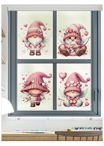 Detailed view of pink Valentine Gnome window decals with realistic 3D knit texture effect