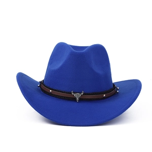 Macro detail of royal blue felt cowboy hat with silver bull head and leather trim